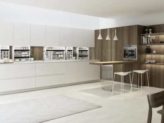 Cucina su misura in linea Limha Wood in laccato Bianco lucido e legno di Miton
