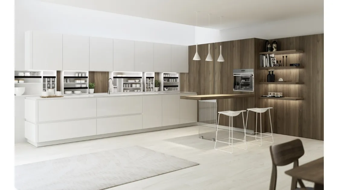 Cucina su misura in linea Limha Wood in laccato Bianco lucido e legno di Miton