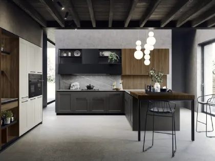 Cucina su misura in laccato opaco finitura antracite ad angolo con top in gres e penisola in Noce Canaletto Talia di Miton