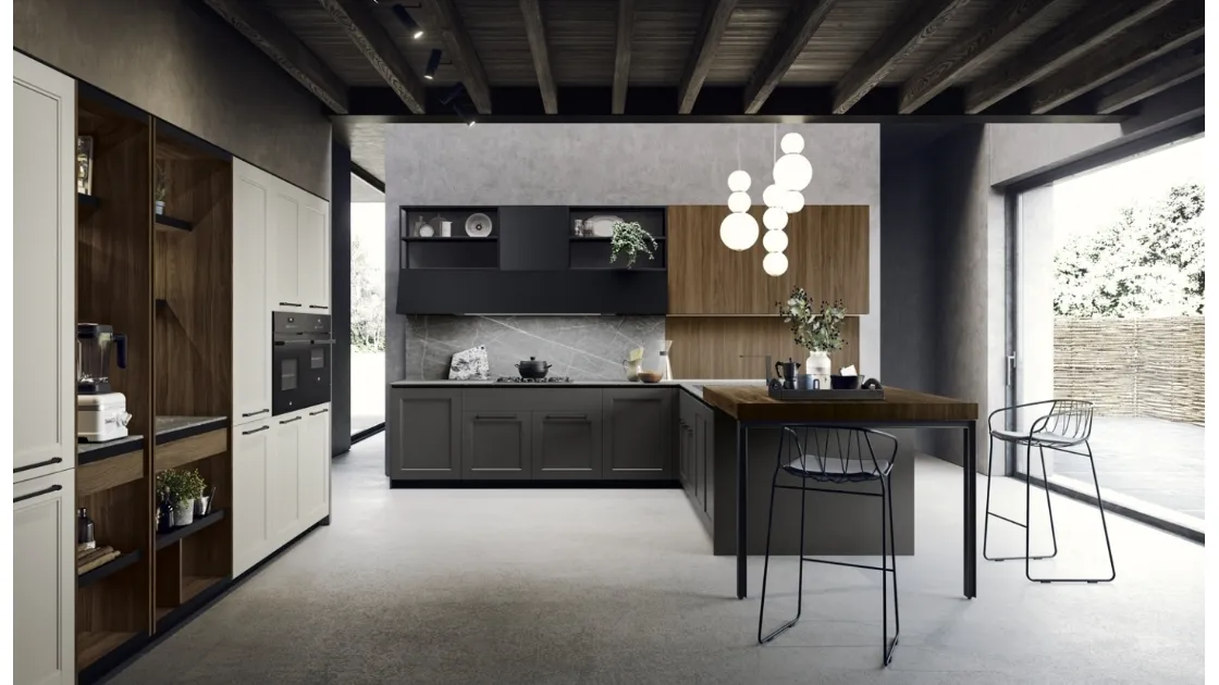 Cucina su misura in laccato opaco finitura antracite ad angolo con top in gres e penisola in Noce Canaletto Talia di Miton