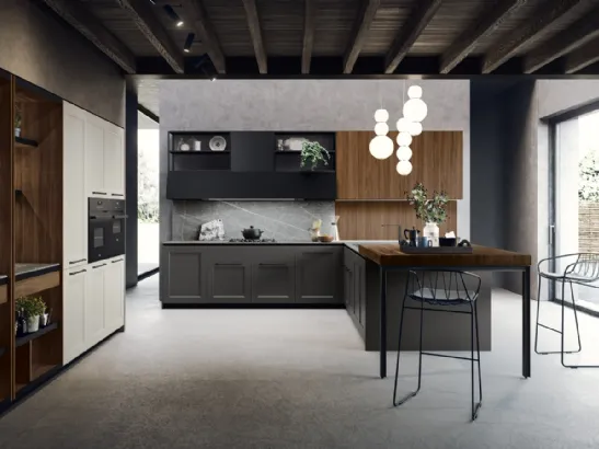 Cucina su misura in laccato opaco finitura antracite ad angolo con top in gres e penisola in Noce Canaletto Talia di Miton