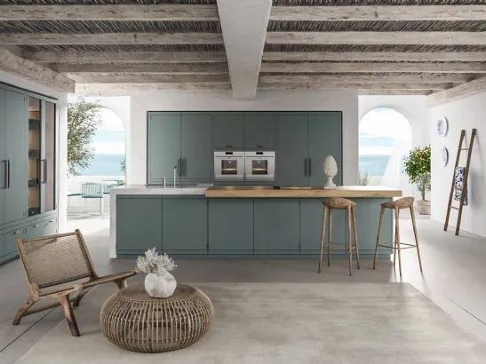 Cucina su misura con isola in vetro opaco finitura nero e bilaminato legno Rovere Tilo 2|0 di  Miton