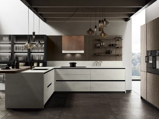 Cucina angolare in bilaminato cemento Menta 05 di Miton